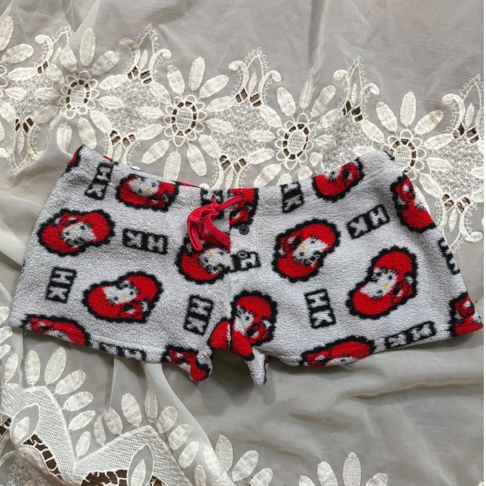 Y2K Micro Sanrio Hello Kitty Fleece Pajama Shorts Grey Red HK Sleepwear Medium